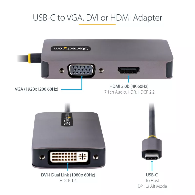 StarTech.com USB-C video adapter, USB-C HDMI-, DVI-, VGA-adapter, kuni 4K 60 Hz, alumiinium, mitmepordiline videokuvari adapter, Thunderbolt 3/4-ga ühilduv, USB USB-C reisiadapter