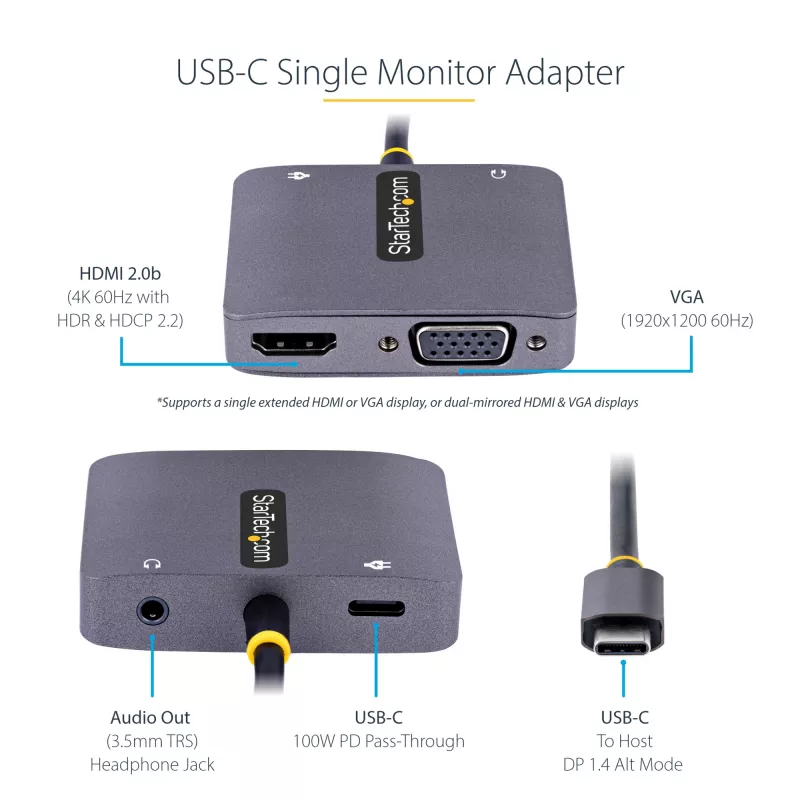 StarTech.com USB C Video Adapter, USB C to HDMI VGA Multiport Adapter, 3.5mm Audio, 4K 60Hz HDR, 100W PD Pass-Through, Thunderbolt 3/4 Ühilduv - USB C Display Travel Adapter