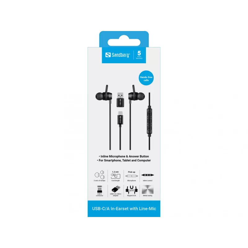 Peakomplekt Sandberg USB-C/A In-Earset koos liinimikrofoniga
