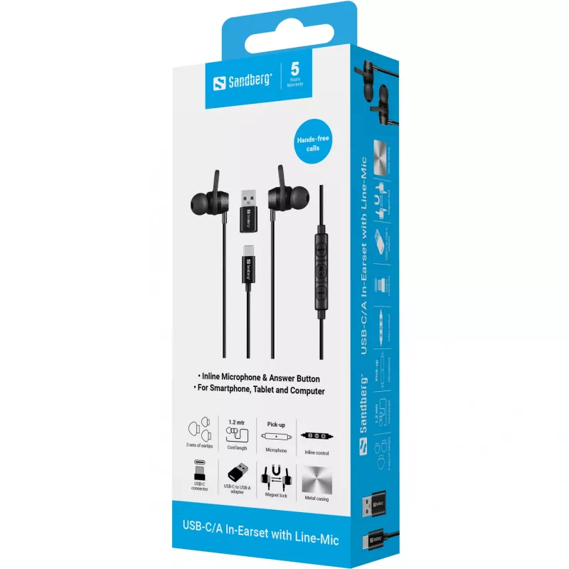 Peakomplekt Sandberg USB-C/A In-Earset koos liinimikrofoniga