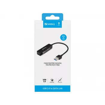 Sandberg USB 3.0 SATA-ühenduslüli, must, 5 Gbit/s, 20 g, 77 mm, 18 mm, 193 mm