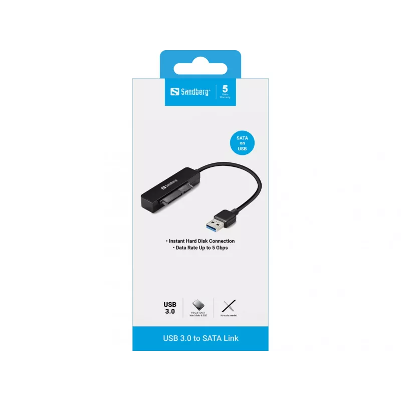 Sandberg USB 3.0 SATA-ühenduslüli, must, 5 Gbit/s, 20 g, 77 mm, 18 mm, 193 mm
