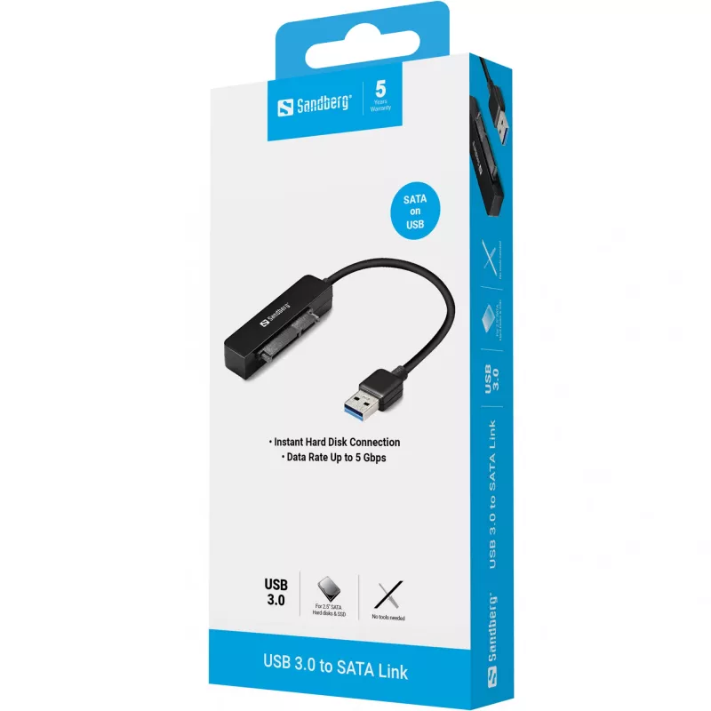 Sandberg USB 3.0 SATA-ühenduslüli, must, 5 Gbit/s, 20 g, 77 mm, 18 mm, 193 mm