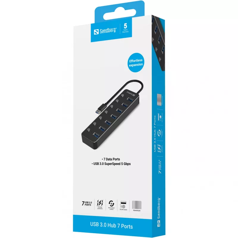 USB-jaotur Sandberg 7 Ports USB 3.0 Must Alumiinium