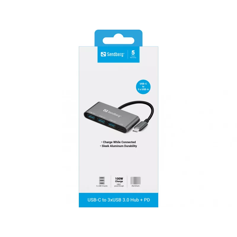 USB-C – 3x USB 3.0 jaotur + PD Sandberg 136-03