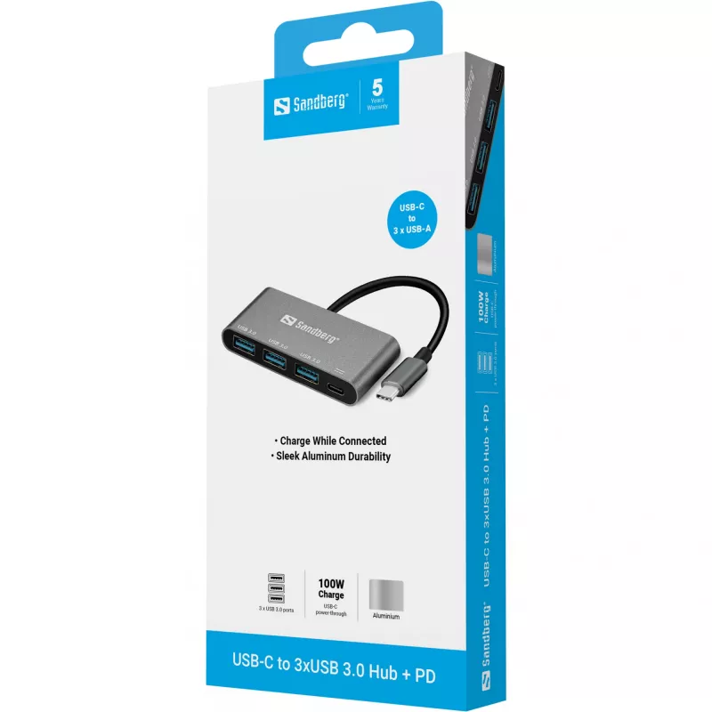USB-C – 3x USB 3.0 jaotur + PD Sandberg 136-03