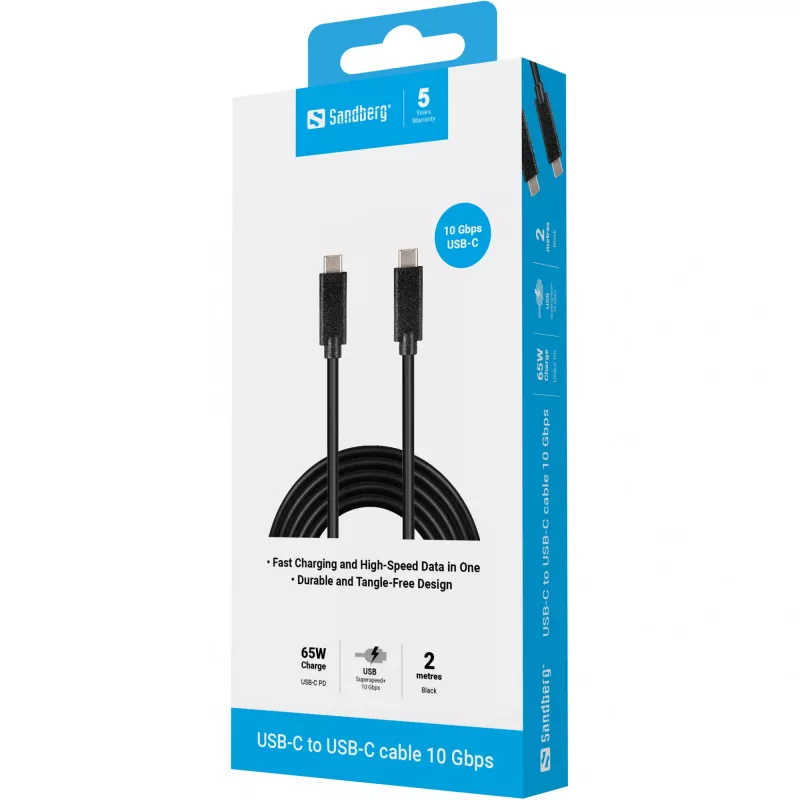 Sandberg USB-C USB-C 2M USB 3.1 Gen.2, 2 m, USB C, USB C, USB 3.2 Gen 2 (3.1 Gen 2), Isane/Isane, Must