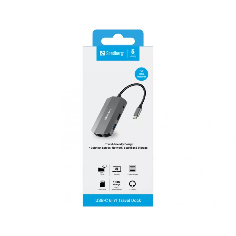 USB-C dokk Sandberg 6in1 Travel Dock