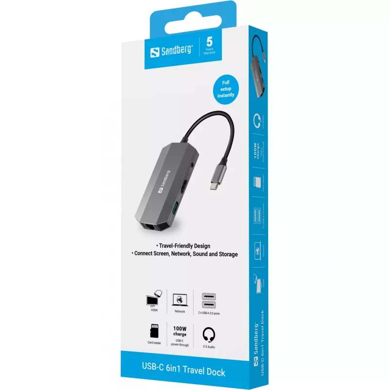 USB-C dokk Sandberg 6in1 Travel Dock