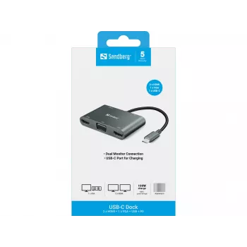Sandberg USB-C dokk 2xHDMI+1xVGA+USB+PD