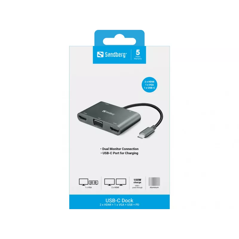 Sandberg USB-C dokk 2xHDMI+1xVGA+USB+PD