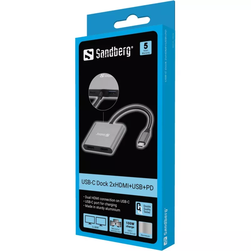 Sandberg USB-C dokk 2xHDMI+USB+PD maksimaalne eraldusvõime 3840x2160