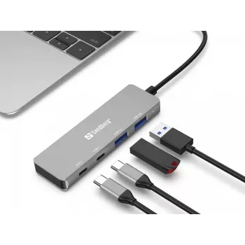 Sandberg USB-C kuni 2xUSB-A + 2xUSB-C jaotur Hall Alumiinium