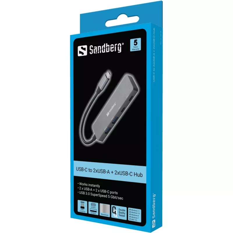 Sandberg USB-C kuni 2xUSB-A + 2xUSB-C jaotur Hall Alumiinium