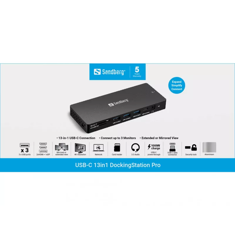 Sandberg USB-C 13in1 DockingStation Pro Wired USB 3.2 Gen 1 USB-C