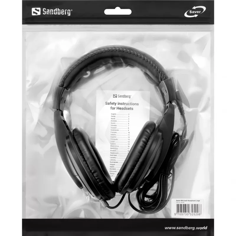 Sandberg Saver MiniJack Headphone Large, juhtmega, kõned/muusika, 20–20000 Hz, 270 g, kõrvaklapid, must