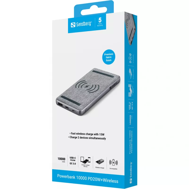 Kaasaskantav akupank Sandberg Powerbank 10000 PD20W+Wireless, 10000 mAh
