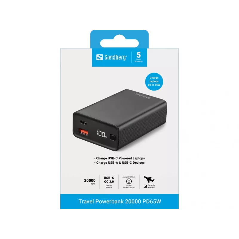 Kaasaskantav akupank Sandberg Travel Powerbank 20000 PD65W, 20000 mAh