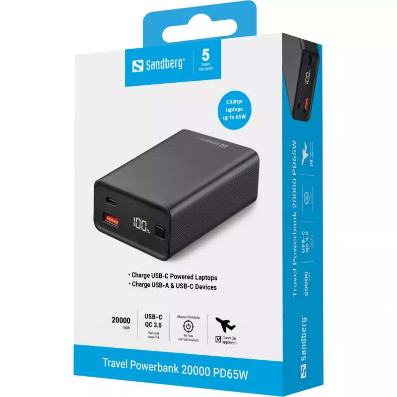 Kaasaskantav akupank Sandberg Travel Powerbank 20000 PD65W, 20000 mAh