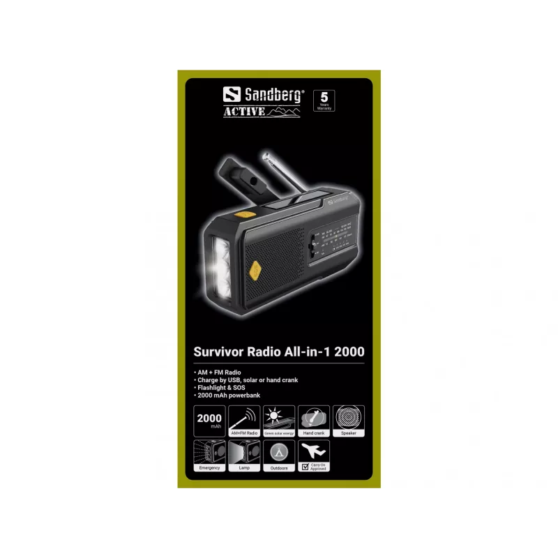 Sandberg Survivor Radio All-in-1 2000, kaasaskantav, AM, FM, 87–180 MHz, 520–1710 kHz, 3 W, analoog