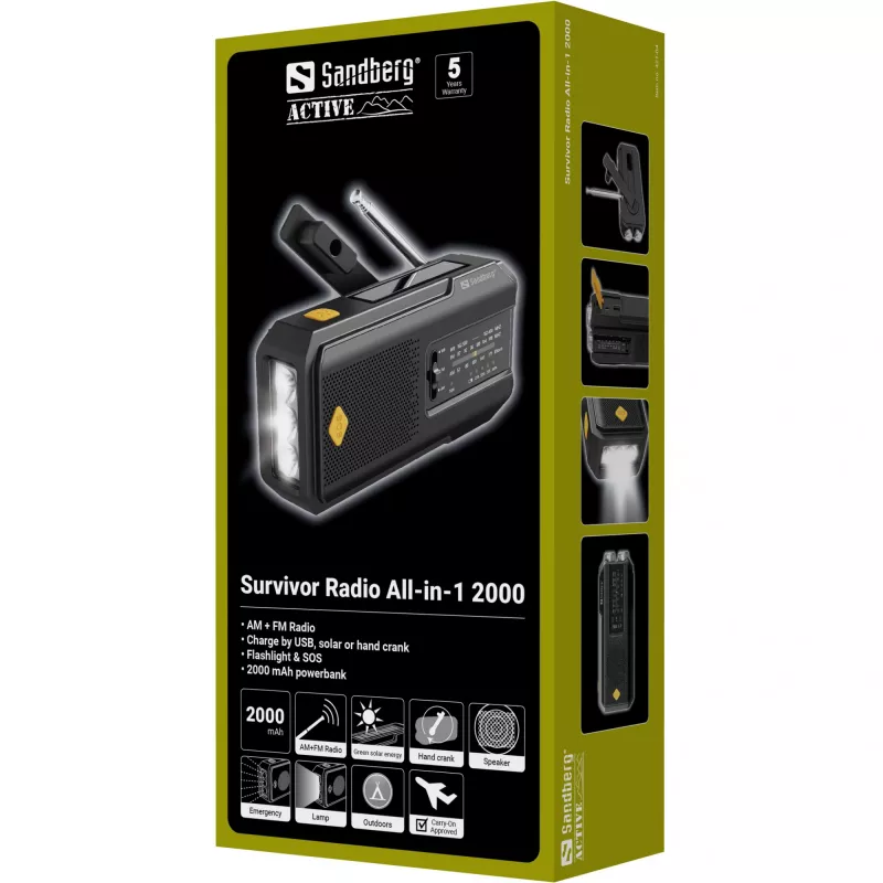 Sandberg Survivor Radio All-in-1 2000, kaasaskantav, AM, FM, 87–180 MHz, 520–1710 kHz, 3 W, analoog