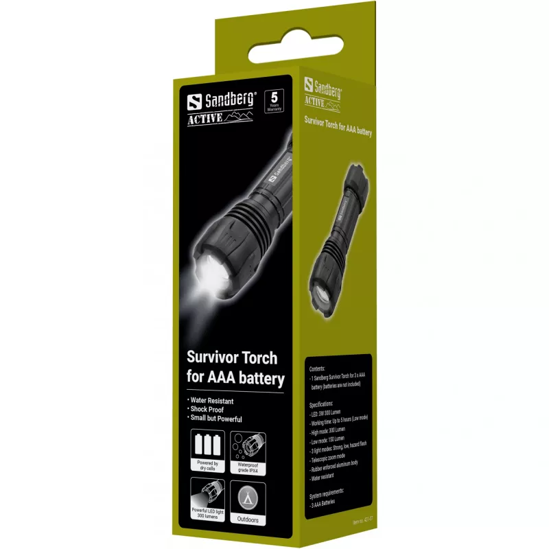 Sandberg Survivor Taskulamp AAA-patareidele, käsilamp, must, alumiinium, LED, 3 W, 150 lm