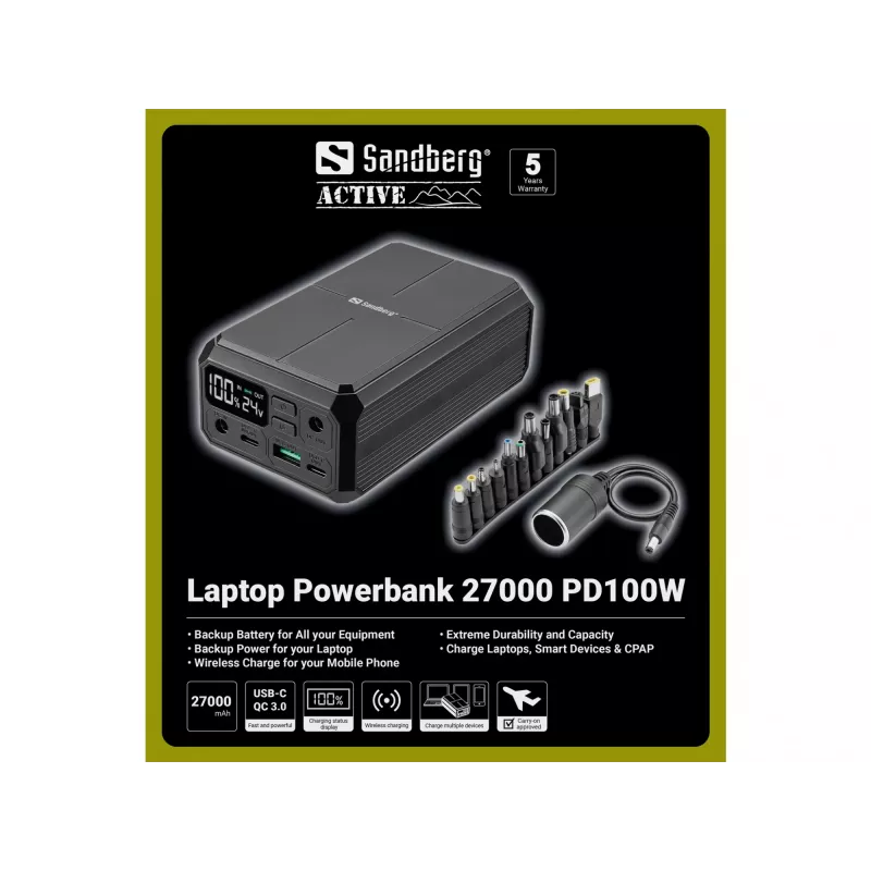 Kaasaskantav akupank Sandberg Laptop Powerbank 27000 PD100W, 27000 mAh