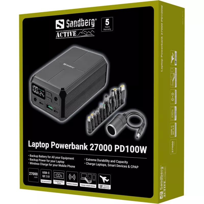 Kaasaskantav akupank Sandberg Laptop Powerbank 27000 PD100W, 27000 mAh