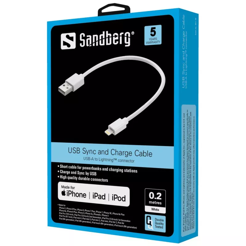 Sandberg USB Lightning MFI 0,2 m valge kaabel