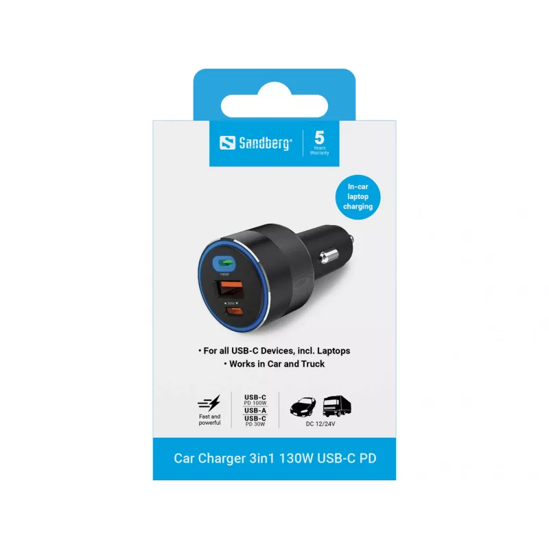 Autolaadija Sandberg 3in1 130W USB-C PD kiirlaadimine universaalne