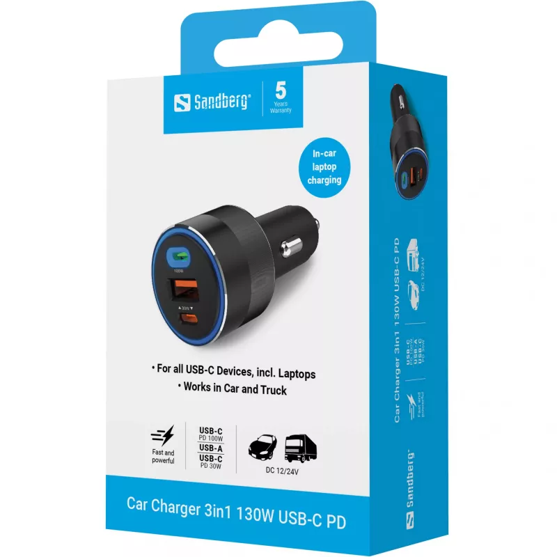 Autolaadija Sandberg 3in1 130W USB-C PD kiirlaadimine universaalne