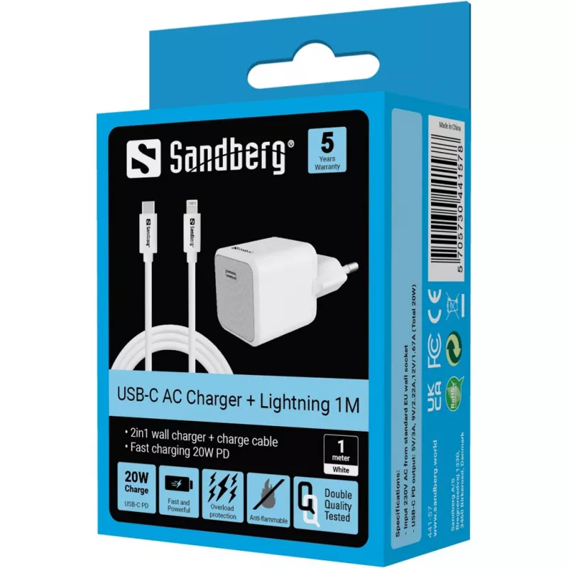 Vahelduvvoolulaadija Sandberg 20W USB-C + Lightning 1M kiirlaadimine, valge
