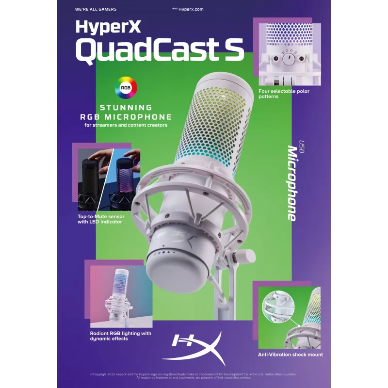 HyperX QuadCast S – USB-mikrofon (valge-hall) – RGB-valgustus