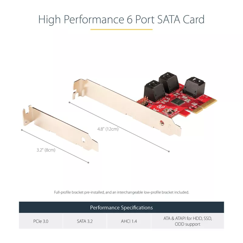 StarTech.com SATA PCIe kaart - 6 pordiga PCIe SATA laienduskaart - 6 Gbit/s - madal/täisprofiil - virnastatud SATA pistikud - ASM1166 mitte-RAID - PCI Express SATA muundur