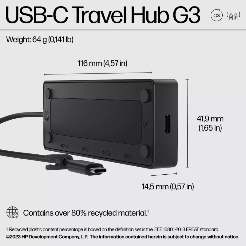 HP USB-C Travel Hub G3 USB-C jaotur laius 116 mm sügavus 41,9 mm kõrgus 14,5 mm
