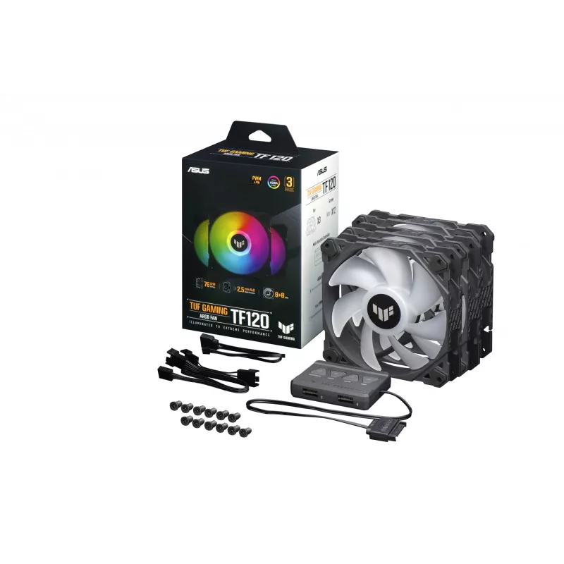 ASUS TUF Gaming TF120 ARGB ventilaator - kolmekordne ventilaatorikomplekt ARGB-kontrolleriga Arvutikorpus Õhkjahuti 12 cm Must