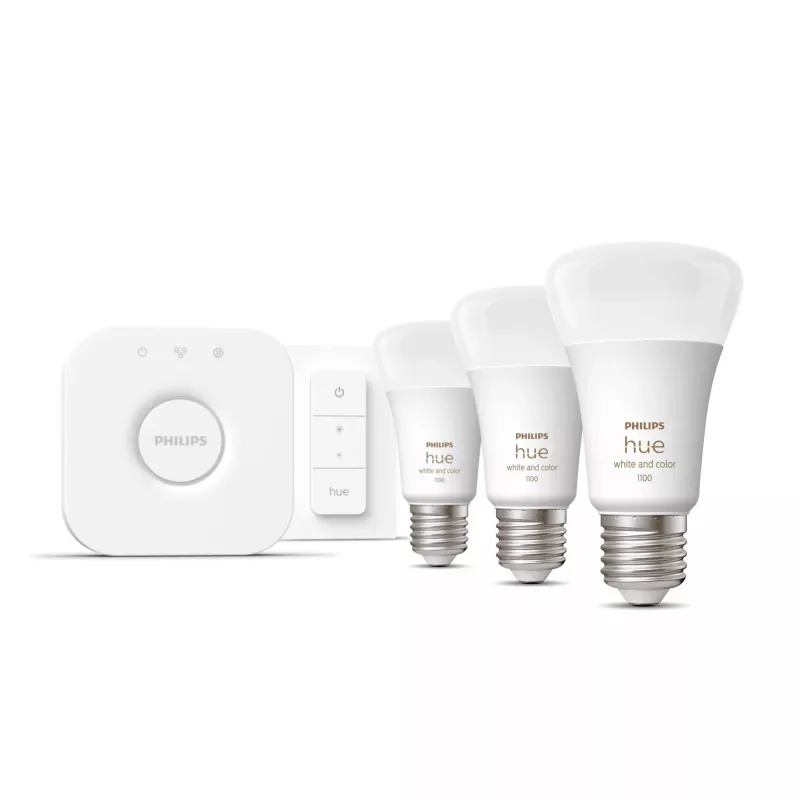 Nutikas valgustuskomplekt Philips Hue White and Colour Ambience Starter – 3× E27 11W pirnid, Bluetooth/Zigbee, dimmer