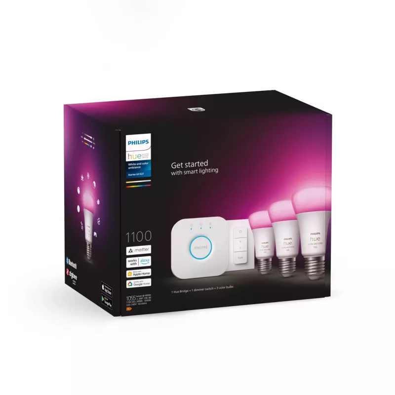 Nutikas valgustuskomplekt Philips Hue White and Colour Ambience Starter – 3× E27 11W pirnid, Bluetooth/Zigbee, dimmer