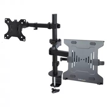 StarTech.com monitorihoidik koos VESA sülearvutialusega, sülearvutile (4,5 kg/9,9 naela) ja ühele ekraanile kuni 32 tolli (8 kg/17,6 naela), must, ventileeritav alus, reguleeritav sülearvuti kinnitusõlg, C-klamber/läbiviigukinnitus
