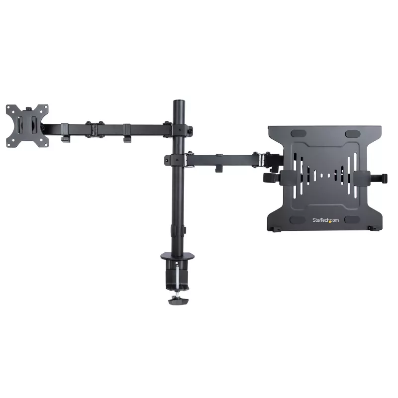 StarTech.com monitorihoidik koos VESA sülearvutialusega, sülearvutile (4,5 kg/9,9 naela) ja ühele ekraanile kuni 32 tolli (8 kg/17,6 naela), must, ventileeritav alus, reguleeritav sülearvuti kinnitusõlg, C-klamber/läbiviigukinnitus