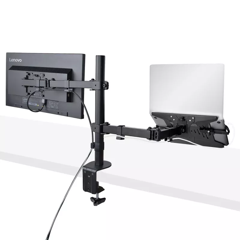 StarTech.com monitorihoidik koos VESA sülearvutialusega, sülearvutile (4,5 kg/9,9 naela) ja ühele ekraanile kuni 32 tolli (8 kg/17,6 naela), must, ventileeritav alus, reguleeritav sülearvuti kinnitusõlg, C-klamber/läbiviigukinnitus