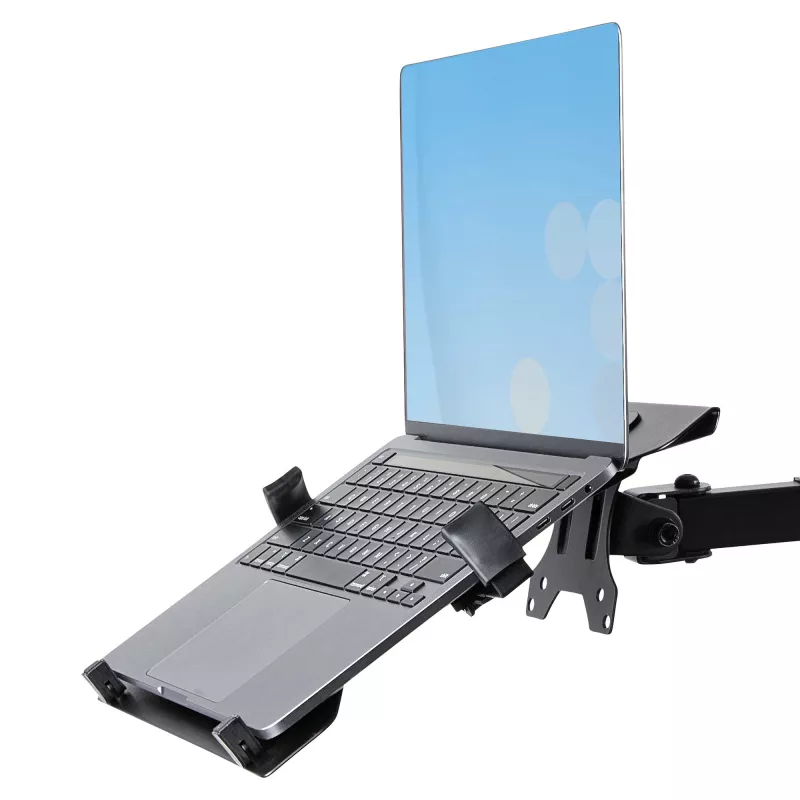 StarTech.com monitorihoidik koos VESA sülearvutialusega, sülearvutile (4,5 kg/9,9 naela) ja ühele ekraanile kuni 32 tolli (8 kg/17,6 naela), must, ventileeritav alus, reguleeritav sülearvuti kinnitusõlg, C-klamber/läbiviigukinnitus