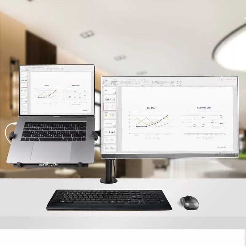 StarTech.com monitorihoidik koos VESA sülearvutialusega, sülearvutile (4,5 kg/9,9 naela) ja ühele ekraanile kuni 32 tolli (8 kg/17,6 naela), must, ventileeritav alus, reguleeritav sülearvuti kinnitusõlg, C-klamber/läbiviigukinnitus