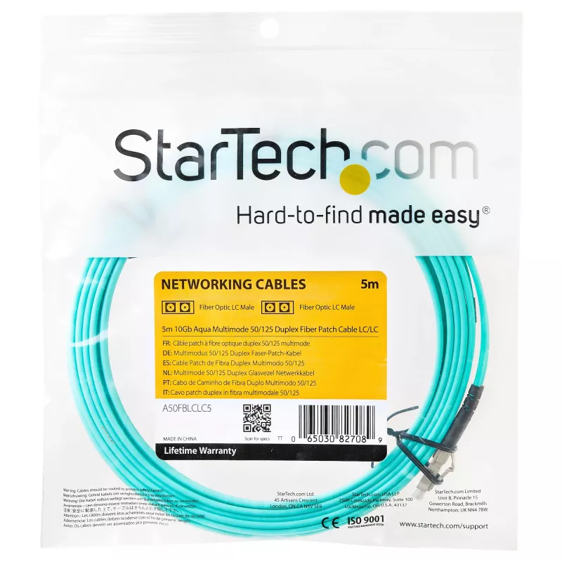StarTech.com 5m (16.4ft) LC/UPC to LC/UPC OM3 Multimode kiudoptiline kaabel, täisdupleks 50/125µm tõmblukuga kiudkaabel, 100G, madal sisestuskadu, LSZH kiudhüppaja juhe