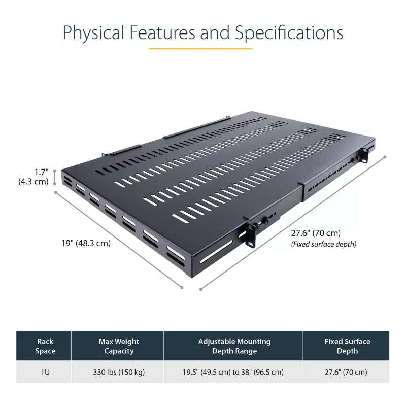StarTech.com 1U 4-Post Adjustable Vented Server Rack Mount Shelf - 330lbs(150 kg) - 19.5 to 38in Adjustable Mounting Depth Universal Tray for 19 inch AV/ võrk Equipment Rack - 27.5in Deep