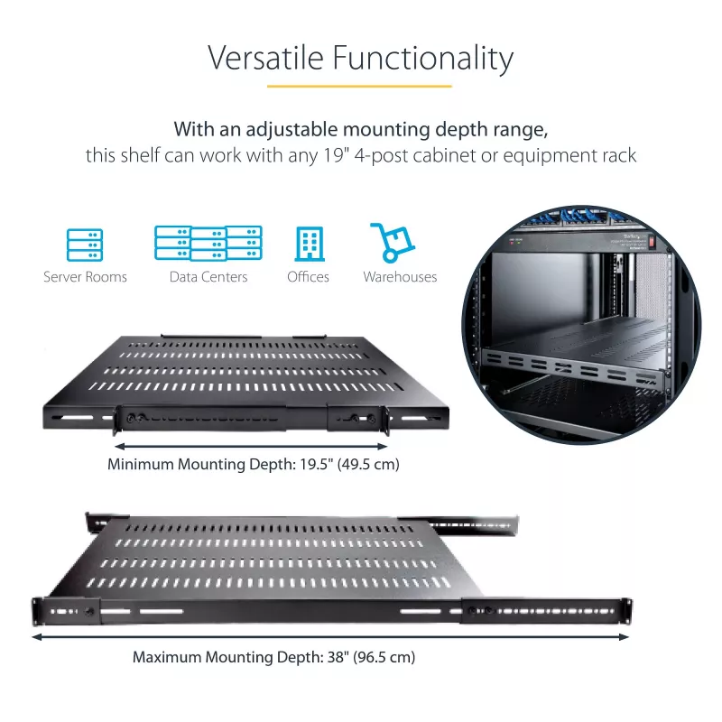 StarTech.com 1U 4-Post Adjustable Vented Server Rack Mount Shelf - 330lbs(150 kg) - 19.5 to 38in Adjustable Mounting Depth Universal Tray for 19 inch AV/ võrk Equipment Rack - 27.5in Deep