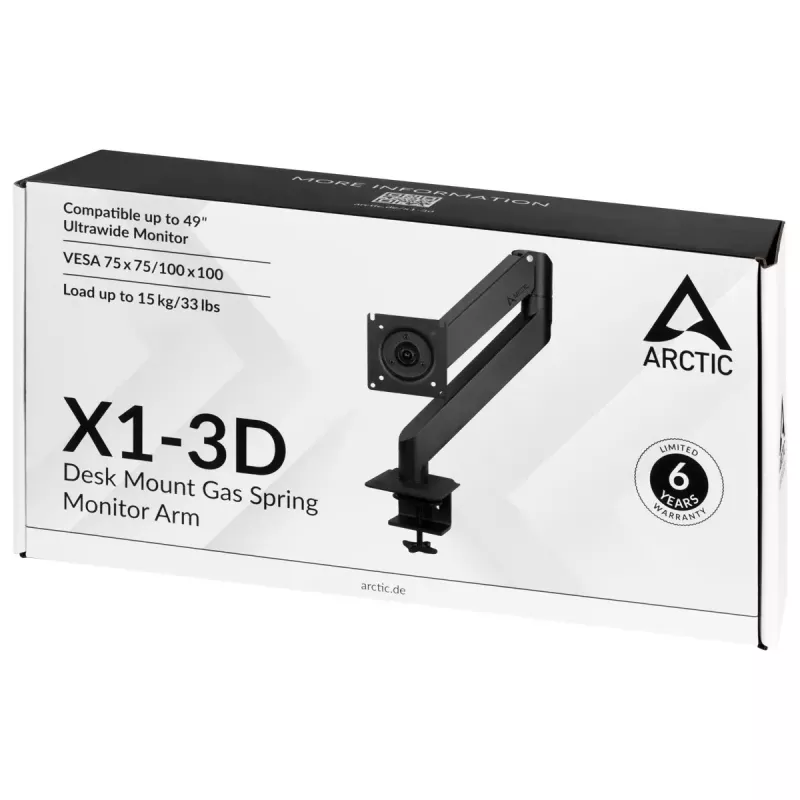 Lauakinnitusega gaasvedru monitori käepide Arctic X1-3D — toetab kuni 43-tollist / 10 kg, VESA 75x75–100x100, must