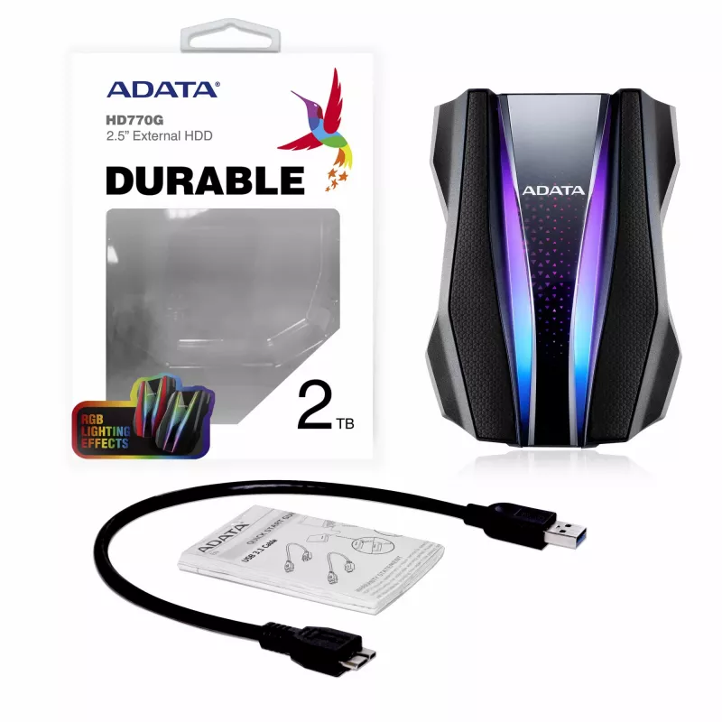 Väline kõvaketas ADATA HD770G 2TB 2,5-tolline USB 3.2 Gen 1 Must, põrutuskindel, siinitoide