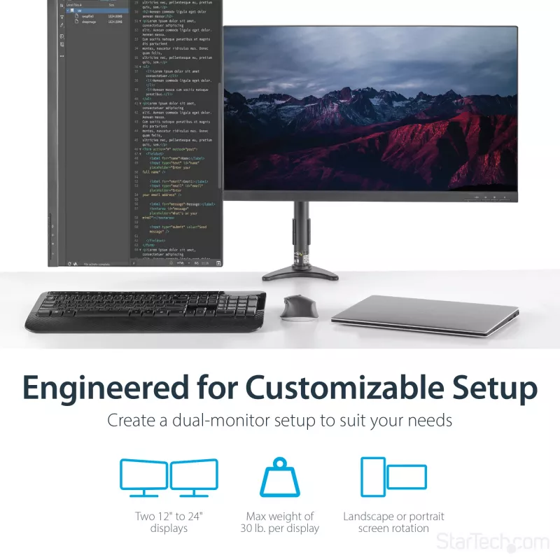 StarTech.com Lauakinnitusega Kahe Monitori Käsi – Liigendatav, Klambriga, 13,6 kg, 30,5 cm (12 tolli), 61 cm (24 tolli), 100 x 100 mm, Must