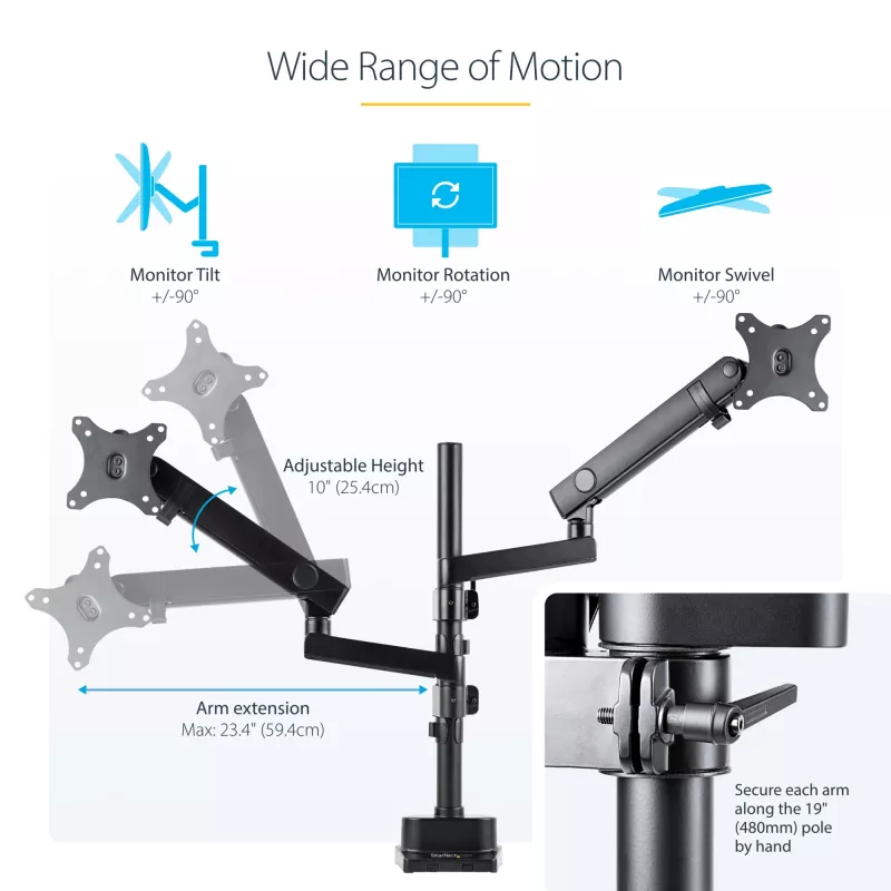 StarTech.com Lauakinnitusega Kahe Monitori Käsi, Täisliigutusega Monitorikinnitus 2x VESA Kuvarile kuni 32 tolli (17.6lb/8kg), Kõrguse Reguleerimine, Klambri/Läbiviigukinnitus, Mehaaniline Vedru